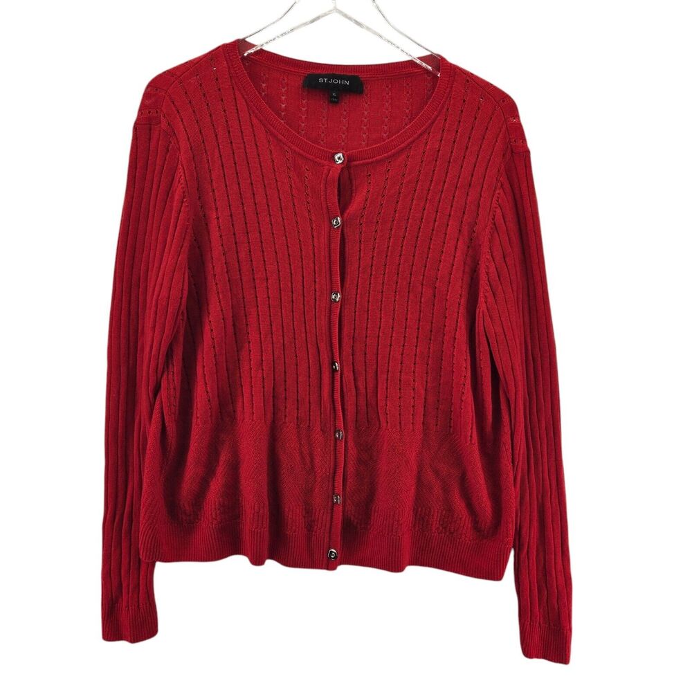 St John Cardigan Sweater Womens XL Red Wool Blend Mixed Knit Designer Luxury
